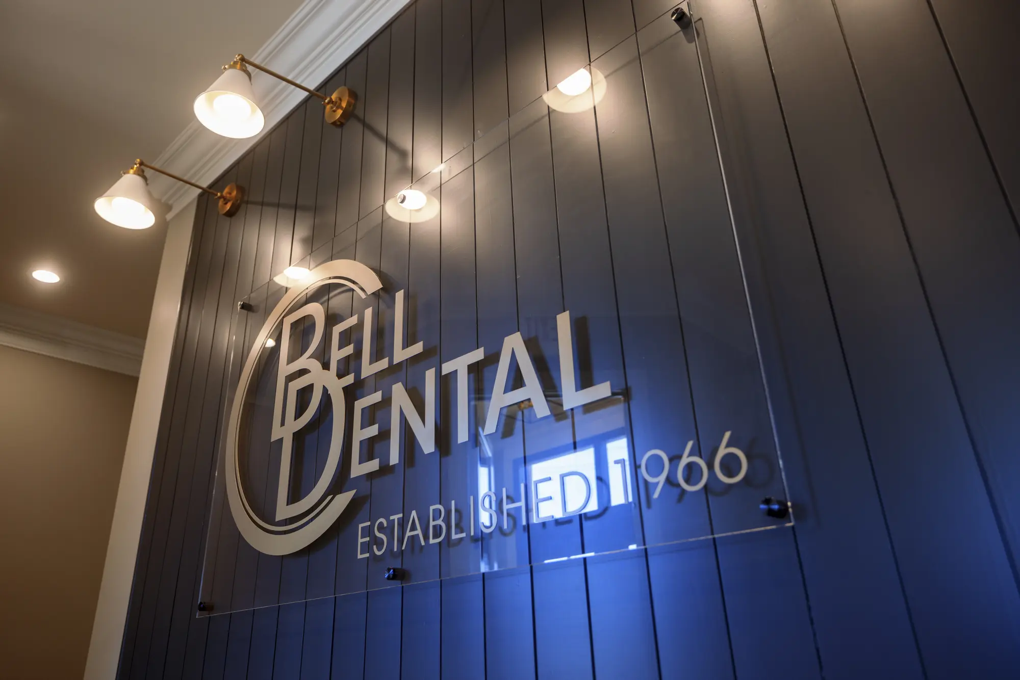Bell Dental logo wall in the office lobby