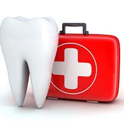 Diagram of a tooth next to an emergency medical kit