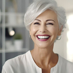 woman in Louisville smiling with her implant dentures