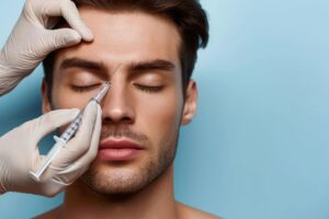 Man with brown hair receiving Botox injection between his eyebrows